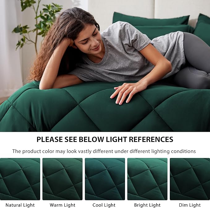 Love's cabin Queen Comforter Set Dark Green, 7 Pieces Queen Bed in a Bag, All Season Bedding Sets with 1 Comforter, 1 Flat Sheet, 1 Fitted Sheet, 2 Pillowcase and 2 Pillow Sham