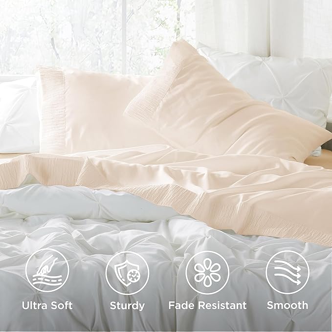 Bedsure Full Size Bed Sheets - 4 Pieces Soft Full Sheet Set - Breathable & Cooling - Hotel Luxury - Easy Care Polyester Microfiber Bedding for Women, Men, Light Beige