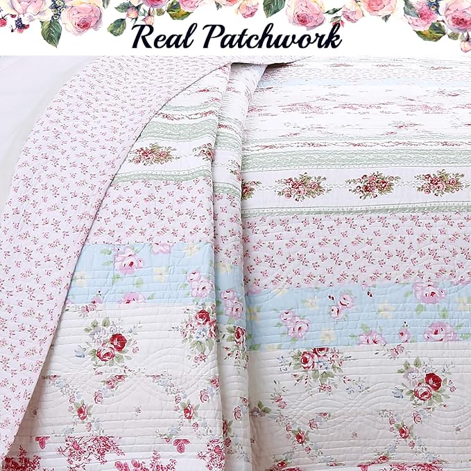 Cozy Line Home Fashions 100% Cotton Real Patchwork Pink Floral Cottage Shabby Chic Reversible Quilt Bedding Set, Bedspread, Coverlet (Wild Rose, King - 3 Piece)