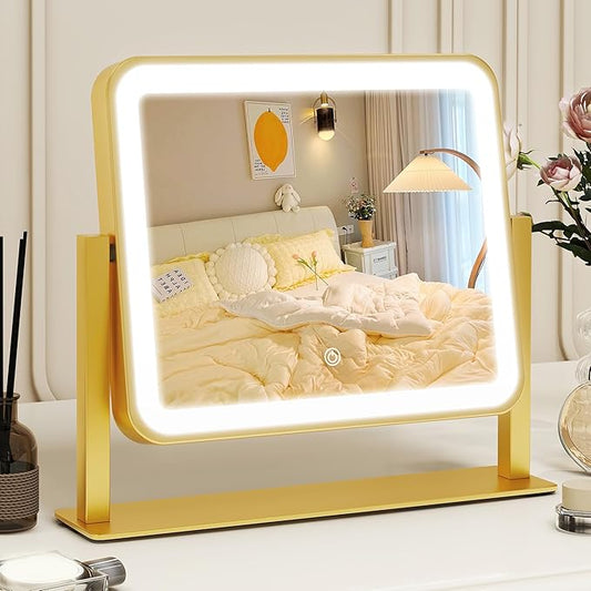 ROLOVE Gold Vanity Mirror with Lights, 14"×12" LED Makeup Mirror, Lighted Makeup Mirror with Lights, Smart Touch Control 3 Colors Dimmable, Lighted Up Mirror for Makeup Desk, 360° Rotation