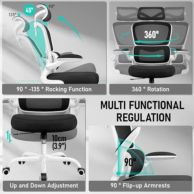High Back Ergonomic Office Chair, Breathable Mesh Desk Chair with Lumbar Support, Adjustable Headrest, Flip-up Armrests, Computer Gaming Chair
