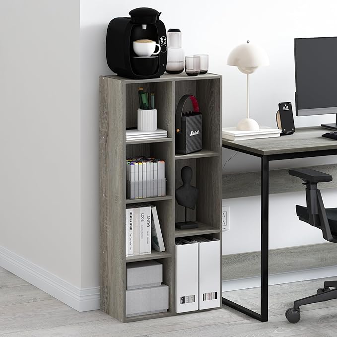 Furinno LUDER Book Shelf, 7-Cube Bookshelf, Bookcase, 9.4 x 19.5 x 41.7, for Living Room, Bedroom, Home Office, French Oak
