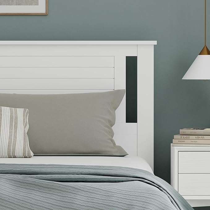 Serene Poplar Wood King Size Headboard in White, Modern Farmhouse Panel with Horizontal Scoring, Casual Coastal Style, Easy Assembly, Quality Materials