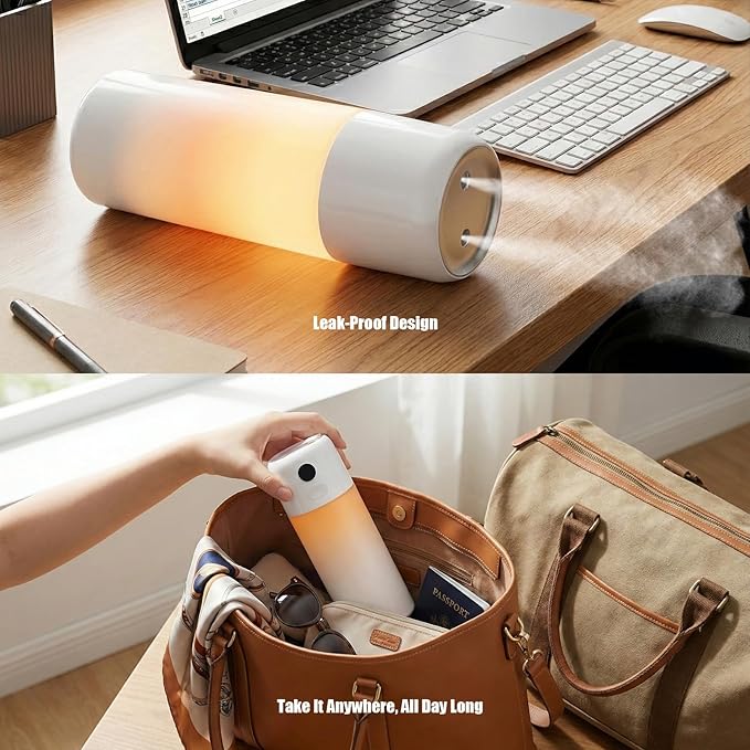 Portable Mini Humidifier, 500ml Rechargeable Dual Mist, Auto Timer & Dry-Burn Protection, with Night Light, for Bedroom Office AC Room Plants Car Travel (White)