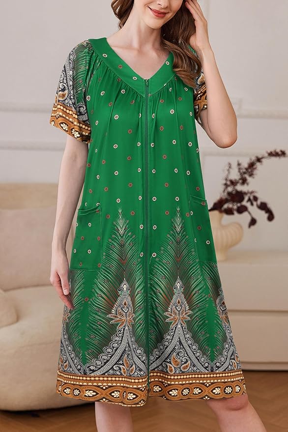 Ekouaer Women Robe Zipper Front Mumu Duster Robes Zip Up Housecoat Soft Sleepwear with Pockets