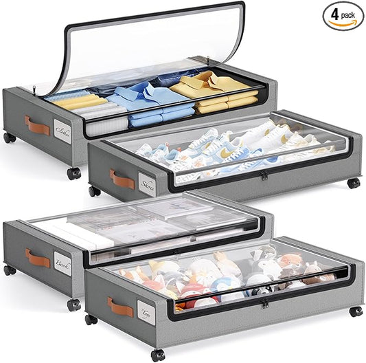 Yecaye 4 Pack Under Bed Storage with Wheels, Under Bed Storage Containers with Lids, Large Under Bed Rolling Storage with Clear Window & Label, Rolling Drawers for Clothes, Blankets, Books