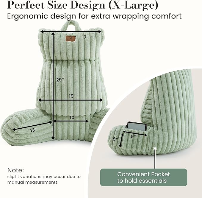 Amélie Home Faux Fur Reading Pillow with Pocket for Sitting in Bed, Adult Backrest Bed Pillow with Washable Cover for Lounging, Study & Relaxing, Sage Green 29 inches