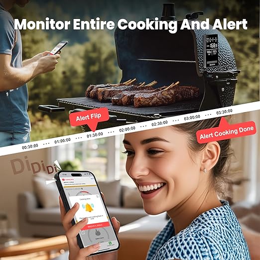 WiFi Sub-1G Wireless Meat Thermometer Unlimited Range, Check Temp Anywhere,7 NIST Certified Sensors with Ambient Temp Smart Digital Base,Monitor for BBQ, Grill,Oven, Smoker (1, Grey, Small)