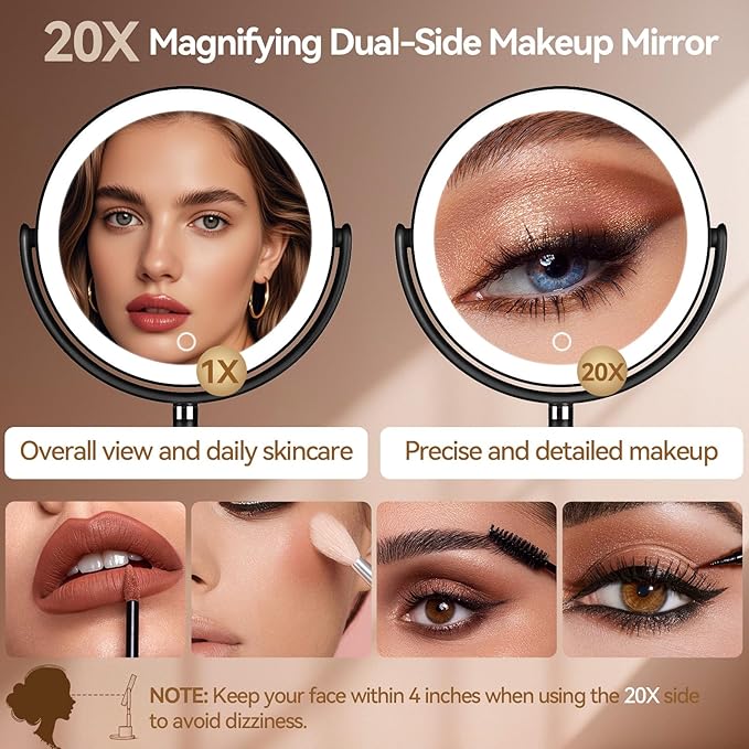 Shinowa Makeup Mirror with Lights, 1X/20X Lighted Magnifying Mirror with Storage for Makeup & Jewelry, 2-Sided Height Adjustable Vanity Mirror with 3 Color Lights, 360° Rotation & Rechargeable, Black