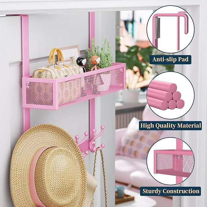 Consumest Over The Door Hooks Organizer - Over Door Hanger with 16 Hooks & 2 Baskets for Hanging Coat, Clothing, Towel, Back Storage for Bathroom, Closet, College Dorm, Pink