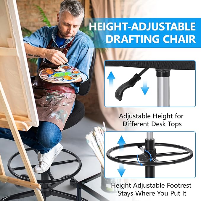 Primy Tall Drafting Desk Chair - Armless, Adjustable Height, Mesh Back, Rolling, Standing Desk Chair for Art Room, Office or Home (Black)