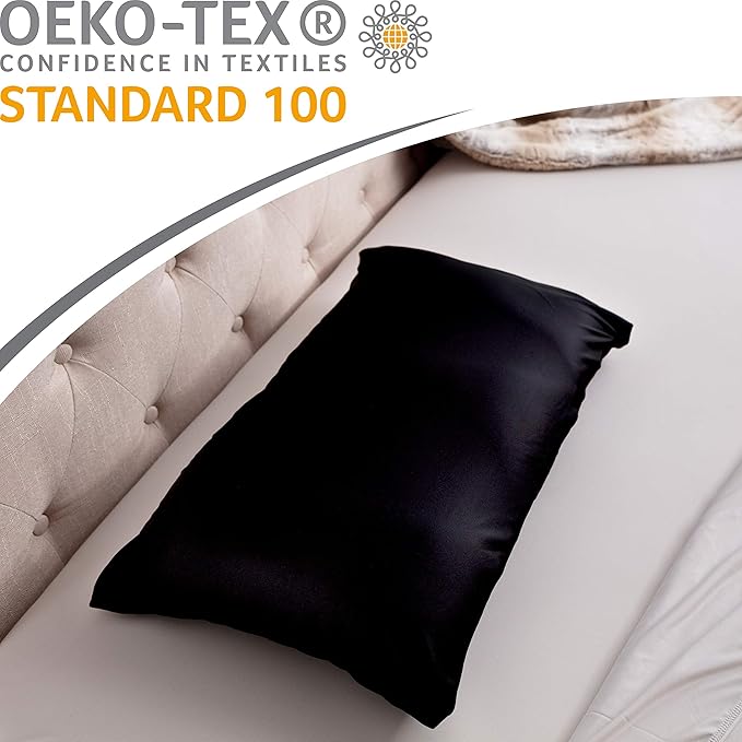 PILLOWY Premium Microbead Bed Pillow, Small Extra Fluffy But Supportive - Ultra Comfortable Sleep with Silk Like Anti Aging Cover 85% Spandex/ 15% Nylon Breathable, Cooling Matte Black