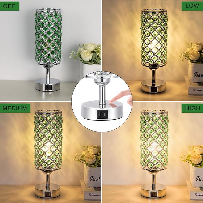 Hong-in Green Crystal Table Lamp - 3-Way Dimmable Touch Control, Bedside Lamp with USB C and A Ports, Nightstand Light for Living Room, Bedroom, Home Office (Bulb Included)