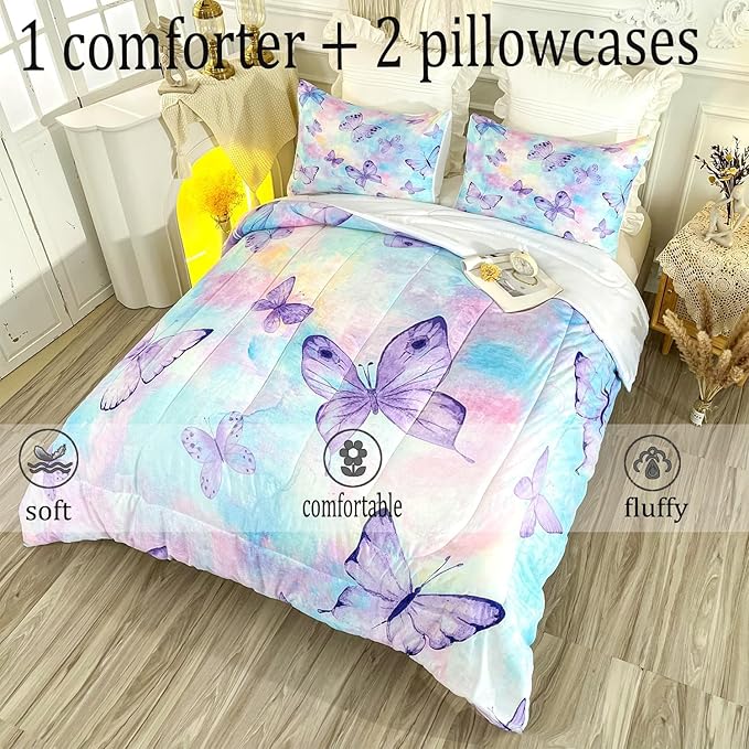 CVHOUSE Butterfly Comforter Set - King Size for Girls & Women - 3 Pcs (1 Comforter, 2 Pillowcases) - Butterfly Bedspread & Duvet