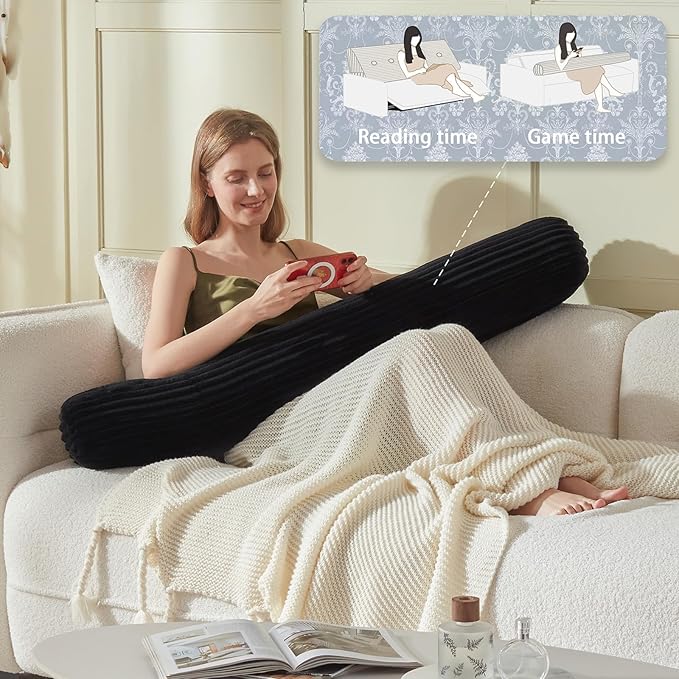 Headboard Wedge Pillow + A Long Neck Roll Pillow Body Pillow，Large Headboard Pillow with Removable Cover (Black, Queen：59x8x20 inches)