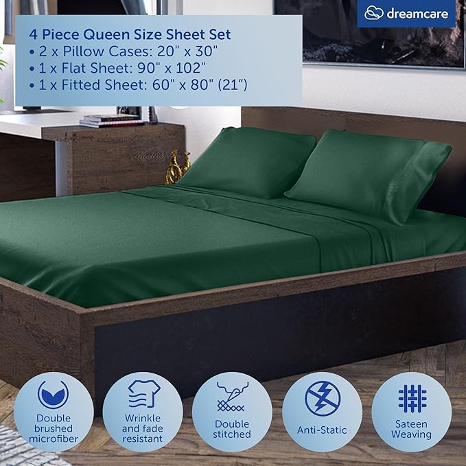 DREAMCARE Queen Sheet Set – 4 pcs Cooling Sheets – up to 21” Extra Deep Pocket Queen Sheets – Hotel Luxury Pillowcases – Superior Softness 100% Microfiber with Side Pocket - Emerald Green DREAMCARE
