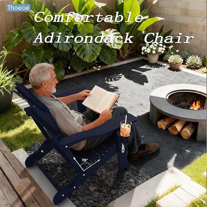Adirondack Chair Set of 4, Folding All-Weather Outdoor HDPE Patio Chair with Cup Holder, Navy Blue