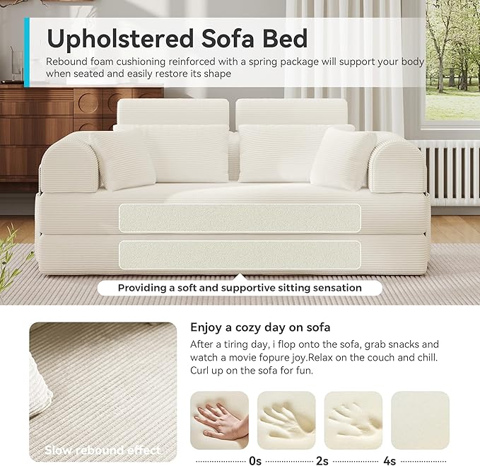 Upgrade High Backrest Design Sofa Bed with Fixed-Shape Frame & Removable Armrests and Backrest, Corduroy Fabric, Convertible Mattress Couch for Small Spaces - No Assembly Neede (High Backrest Beige)