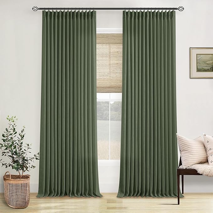 Olive Green Pinch Pleated Linen Curtains 92 Inches Long 2 Panels for Living Room Bedroom Semi Sheer Pinch Pleat Drapes with Hooks Rings Boho Farmhouse Light Filtering Window Curtain 40x92