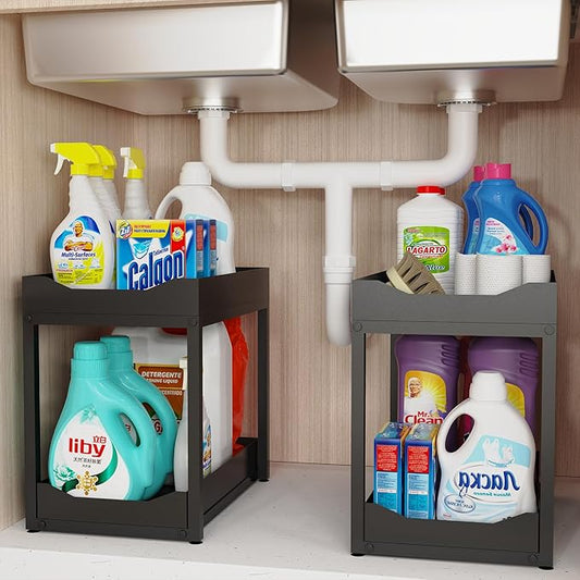 2-Tier Bathroom Organizers and Storage, Metal Under Sink Organizers,Pull Out Cabinet Organizer Shelf, Sliding Drawer for Kitchen Pantry Cabinet Closet Organization Rack (Black, 2 Pack)