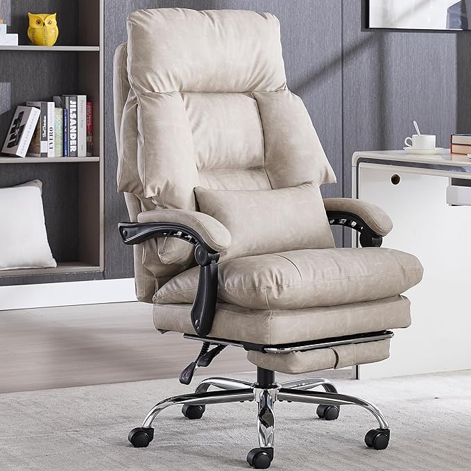 Office Chair with Footrest 500lbs,Reclining Leather Computer Chair for Heavy People, Big and Tall Comfy Executive Desk Chair with Lumbar Support & Pillow Black,High Back Vintage Color