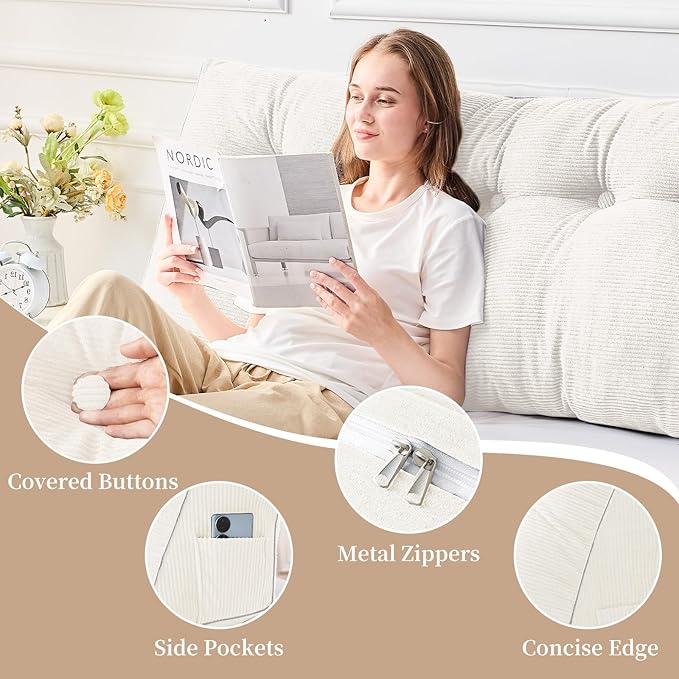 Sasttie Headboard Pillow Full, Wedge Pillow Headboard for Sitting Up in Bed, Back-Rest Support Triangular Cushion for Reading - Features Removable Washable Cover, White