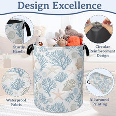 Starfish Coral Shells Laundry Hamper With Handle,Foldable Oxford Cloth Ocean Laundry Basket,20.8