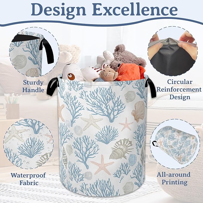 Starfish Coral Shells Laundry Hamper With Handle,Foldable Oxford Cloth Ocean Laundry Basket,20.8"x16" Clothes Storage Basket for Laundry Room/Bedroom/Bathroom