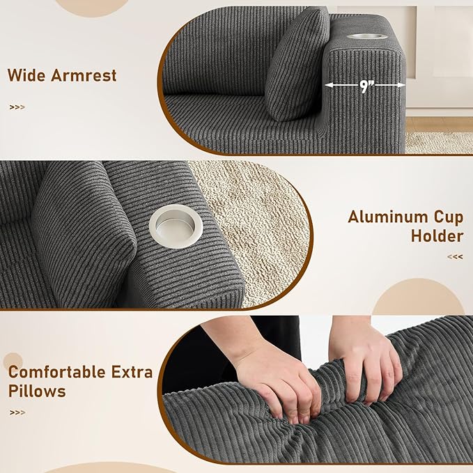 Furnimart 112" L-Shaped Modular Sectional Sofa with Ottoman, Boneless Cloud Couch with Chaise for Living Room, Modern Deep Seat Lounge Sleeper Couch Bed, No Assembly, Corduroy Dark Grey