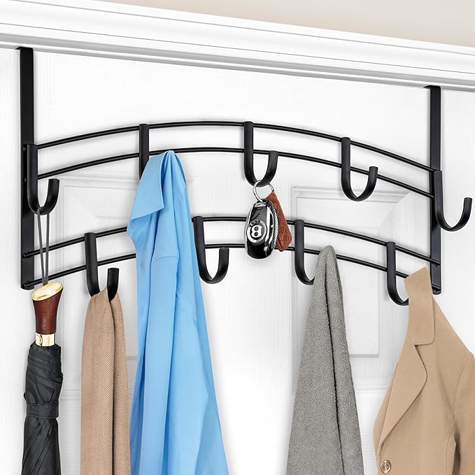 LYNK Professional® Home™ Over Door Hooks Rack - 9 Hook Over Door Hanger - Over Door Towel Rack - Hanging Towels or Clothes - Bathroom, Bedroom or Laundry Room - Lifetime Ltd. Warranty - Black