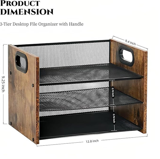 Wood Desk Organizer - 3-Tier Desktop File Organizer, Wooden Paper Tray, Office Desk Organzier and Accessories for Papers, Mail, Notebooks, Stationery
