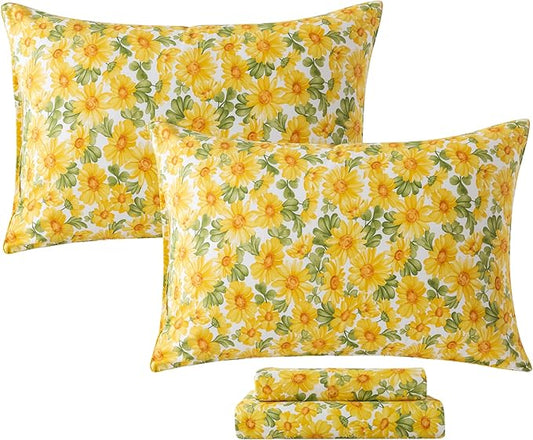 FADFAY Sunflower Sheets Set Queen Vintage Yellow Floral Bedding Rustic Botanical Sheets Shabby Floral Farmhouse Bedding 100% Percale Premium Cotton Soft Deep Pocket Fitted Sheet 4Pcs, Queen Size