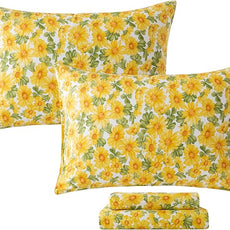 FADFAY Sunflower Sheets Set Full Vintage Yellow Floral Bedding Rustic Botanical Sheets Shabby Floral Farmhouse Bedding 100% Percale Premium Cotton Ultra Soft Deep Pocket Fitted Sheet 4Pcs, Full Size