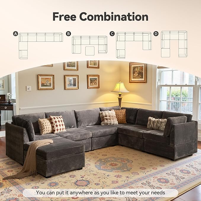 Large 7 Seat Modular Sectional Sofa with Ottoman Seat Corduroy Sleeper Sectional Sofa Bed Oversized Convertible Modular Couch for Living Room
