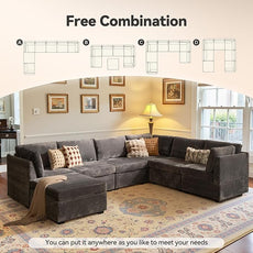 Large 7 Seat Modular Sectional Sofa with Ottoman Seat Corduroy Sleeper Sectional Sofa Bed Oversized Convertible Modular Couch for Living Room