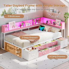 VIAGDO Corner Bed Frame with Storage Bookcase and 6 Drawers, Twin Metal Platform Corner Bed Frame with LED Lights and Charging Station, Twin Daybed for Kids Teenagers, Pink