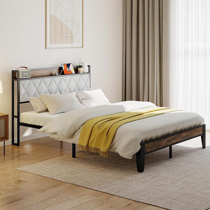 Sweetcrispy Queen Bed Frame with Headboard, Storage Headboard with USB Charging Station, Durable Squeak-Free Frame, Simple No-Tool Assembly,Works with Queen Mattress No Box Spring Needed