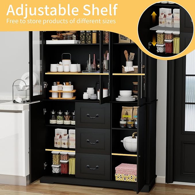 70.9" Tall Bookcase Display Storage Cabinet Hutch with Glass Doors & Drawers - Curio Display Bookshelf Kitchen Pantry for Home, Kitchen, Living Room.