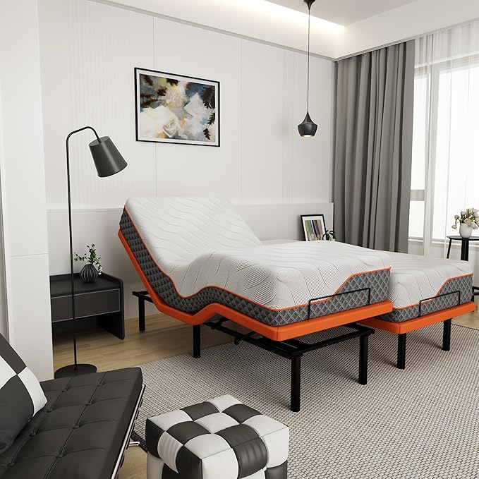 ESHINE Split King Adjustable Bed Frame with Mattress(Medium Soft), Memory Foam Hybrid 14" Mattress, Wireless Remote, APP Control, 5 Minutes Installation, Head and Foot Incline, 2000 Series