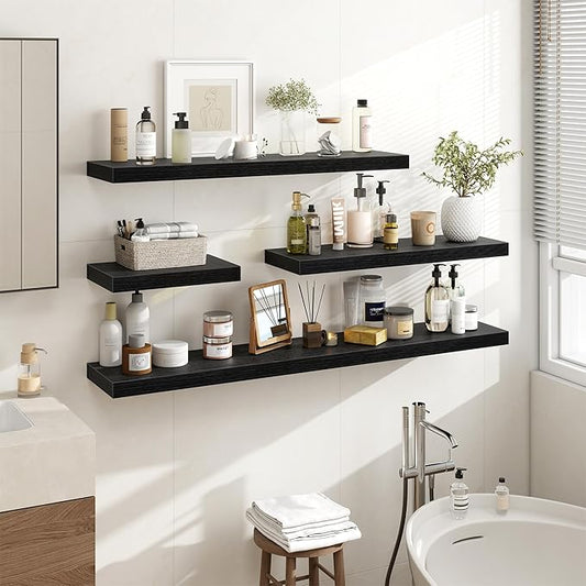 72 Inch Floating Shelves, 3D Textured Wood Grain, 72"x9.25"x1.5" Inch Deep Floating Shelves for Wall, Wooden Shelves for Bathroom, Bedroom, Living Room, Black, 1 Piece