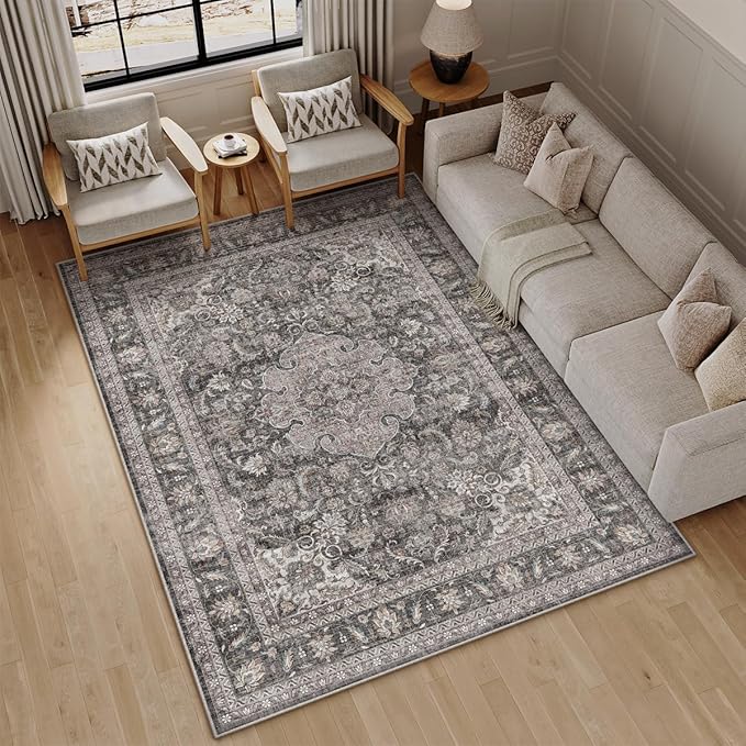 9x12 Vintage Area Rug Black Grey Living Room Bedroom Washable Carpet Non-Slip Soft Low Pile Distressed Indoor Large Throw Rug for Dining Room Office