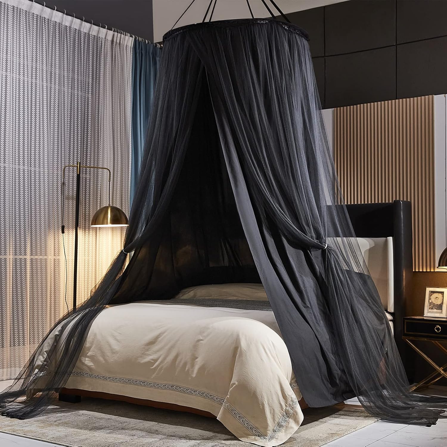 Kertnic Luxurious Bed Canopy for Girls & Adults - Double Layer Princess Canopy with Lace, Round Dome Mosquito Netting for Queen/King Bed Tent (Black) Dormly