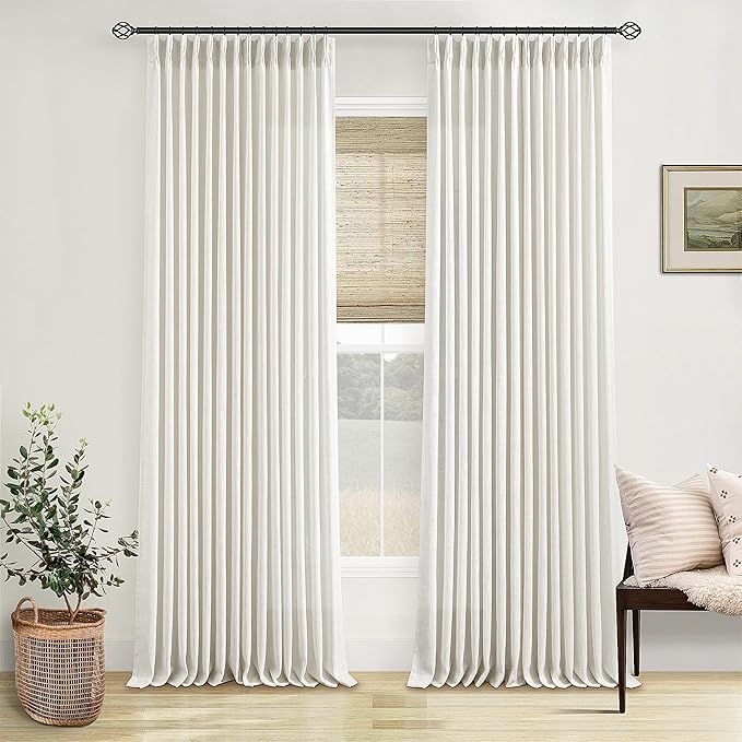 Custom Made Pinch Pleated Linen Curtains 105 Inches Long for Living Room 2 Panels Set Cream Ivory Memory Pleated Drapes Back Tab Neutral Boho Ceiling Floor 105 Inch Window Curtains Natural Birch
