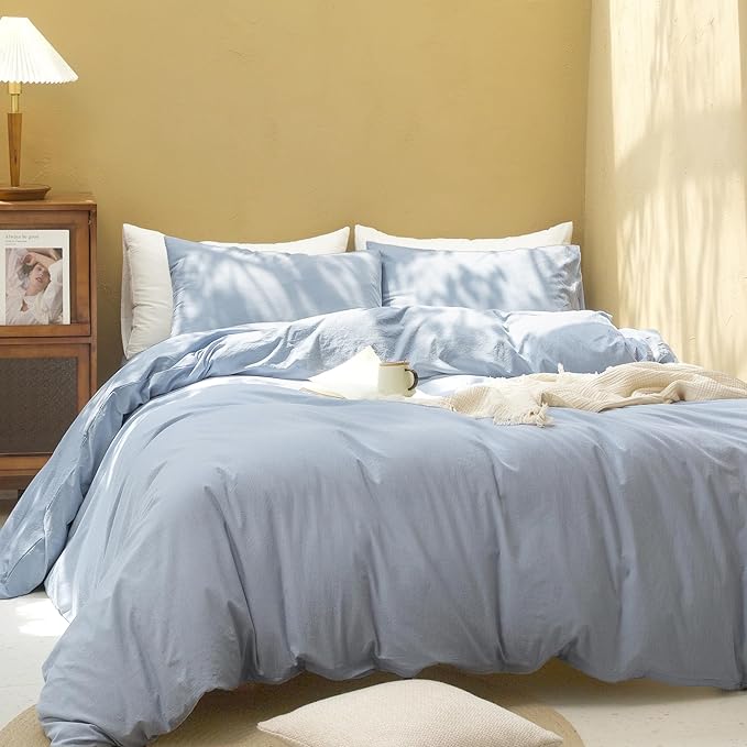 FOSSA Duvet Cover Set 100% Washed Cotton Linen Feel Super Soft Breathable Cozy Simple Style 3 Pieces Bedding Sets Solid Cornflower Blue Twin XL