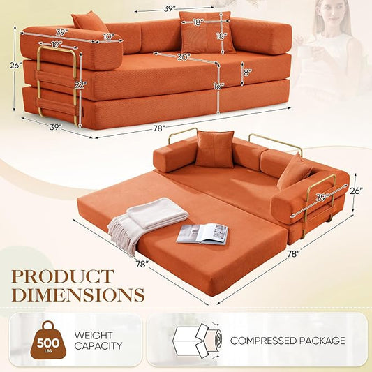 Antetek Convertible Futon Sofa Bed, 3-Seater Modern Corduroy Foam Floor King Size Bed Fold Out Sleeper Lounge Loveseat Sofa Couch with 2 Throw Pillows for Living Room Bedroom Guest Room, Orange