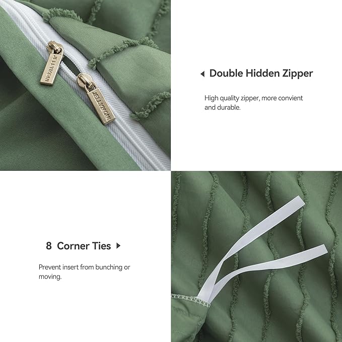 JELLYMONI Duvet Cover Super Queen Size Green - 3PCS Boho Striped Duvet Cover Set Polyester Tufted Bohemian Textured Comforter Cover 98×90in with Corner Ties & Zipper and 2 Pillowcases