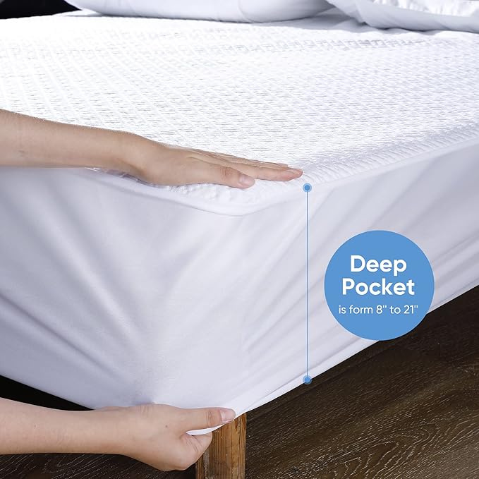 Hanherry 100% Waterproof Mattress Protector California King Size, Mattress Pad Cover 3D Air Fabric Cooling Smooth Soft Breathable Noiseless, 8''-21'' Deep Pocket