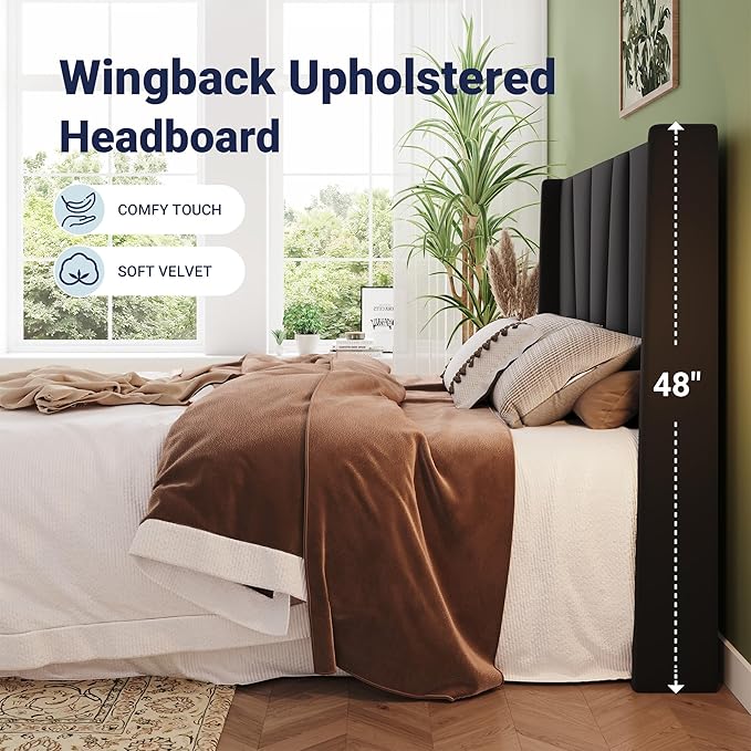 Allewie King Size Platform Velvet Bed Frame with Geometric Wingback Headboard, Boho Upholstered Bed with Wooden Slats Support, No Box Spring Needed, Easy Assembly, Black