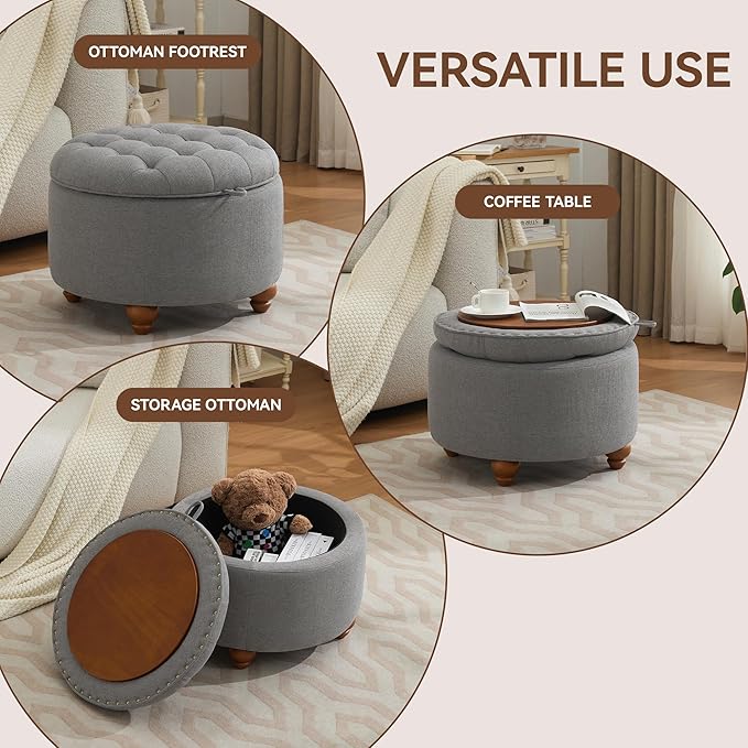 24Inch Round Storage Ottoman with Tray, Modern Tufted Fabric Circle Coffee Table with Storage, Upholstered Ottoman with Removable Top for Living Room, Bedroom, Light Grey