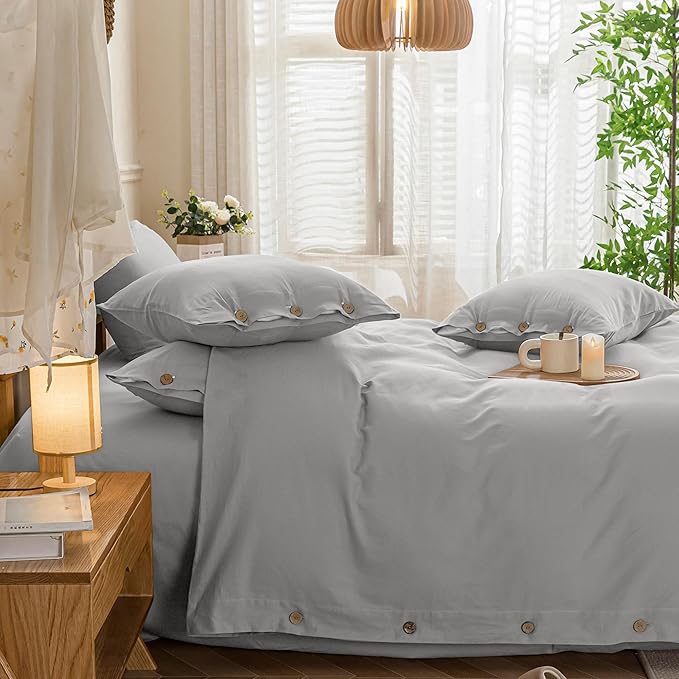 JELLYMONI Cotton Duvet Cover Full Size - Light Gray Comforter Cover with Button 100% Washed Cotton 3PCS Breathable Soft Solid Bedding Set Duvet Cover 80×90in & 2 Pillowcases (NO Comforter)
